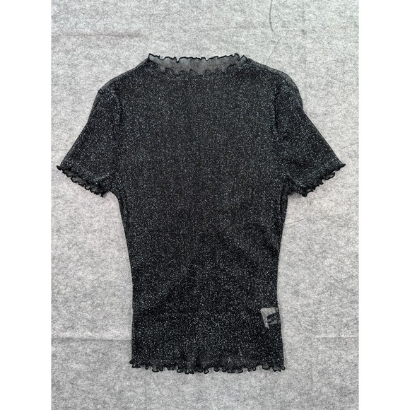 Sheer Black Mesh Large‎ Short Sleeve Lettuce Trim Top with Metallic Sparkles - Picture 6 of 6